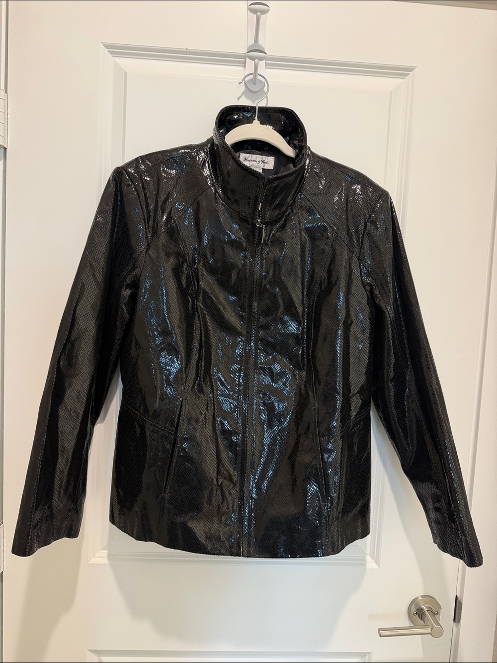 Kasper Black Shiny Genuine Leather Zip-Front Jacket